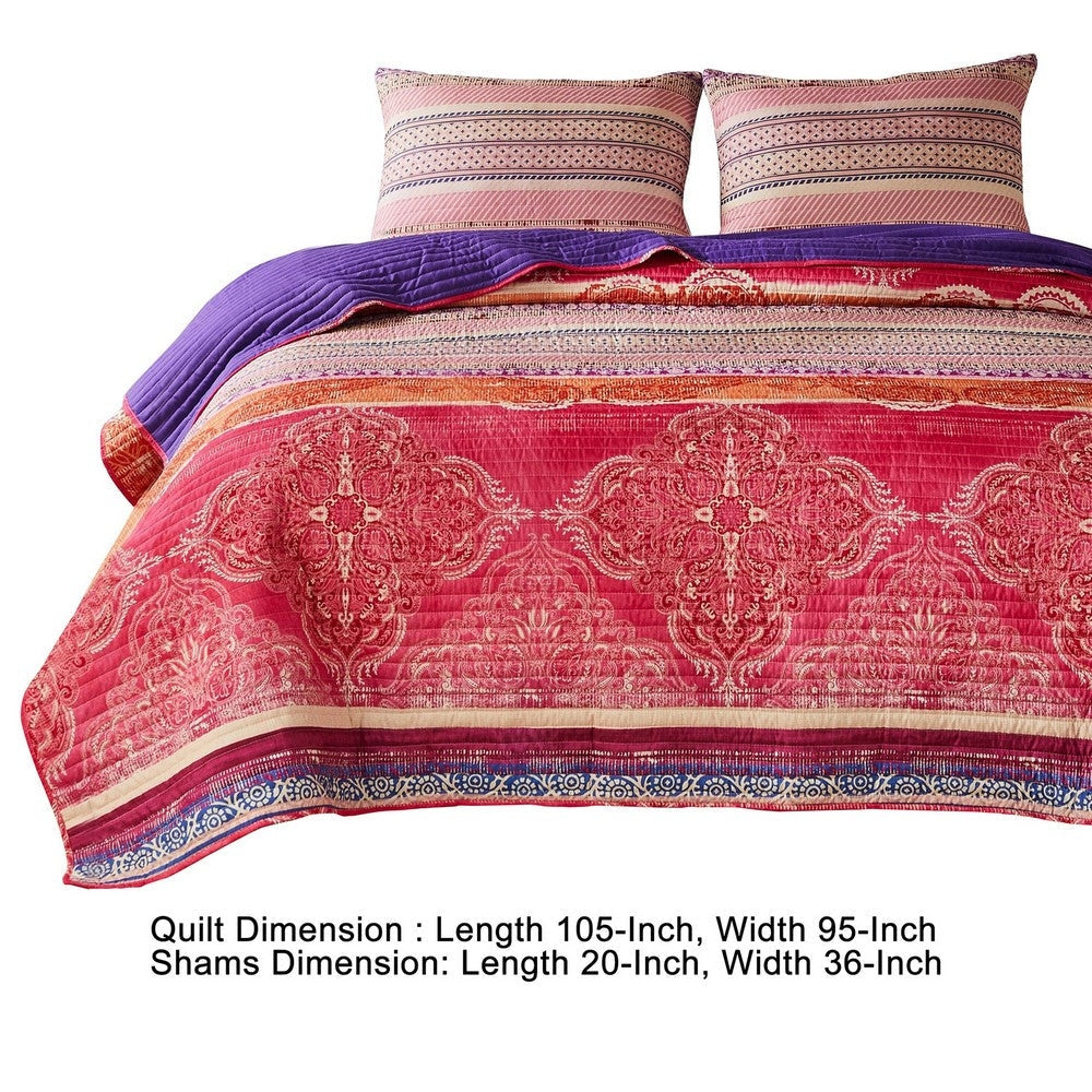 Dora 3 Piece Bohemian King Quilt Set Medallion Paisley Pink Blue By Casagear Home BM282003