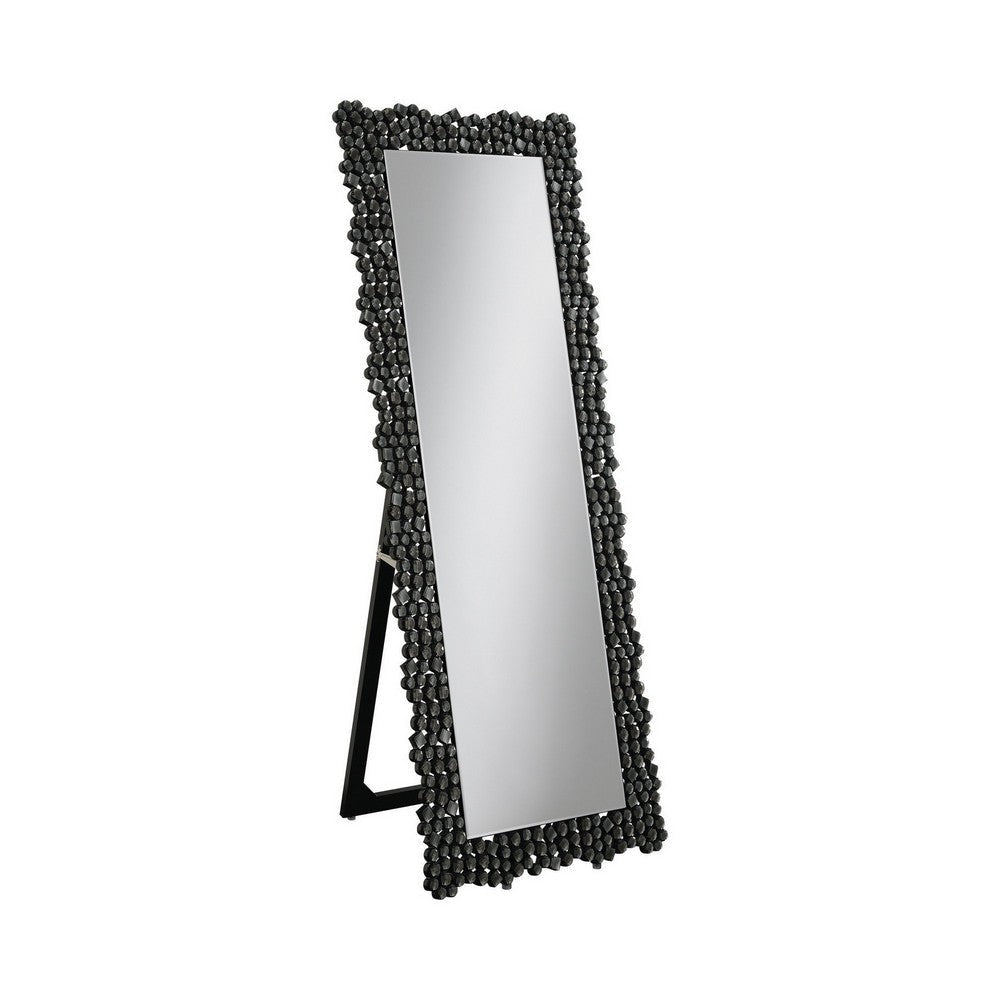 63 Inch Classic Portrait Floor Mirror, Rhinestone Inlay, Cheval, Black By Casagear Home