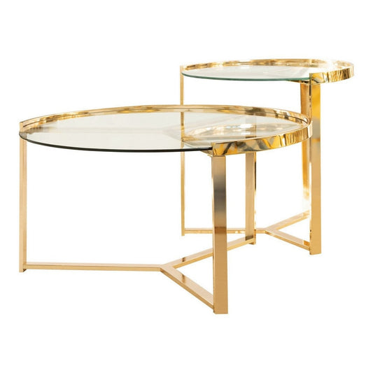 23 Inch Round Nesting Accent Tables, Glass Top, Metal Base, Set of 2, Gold By Casagear Home