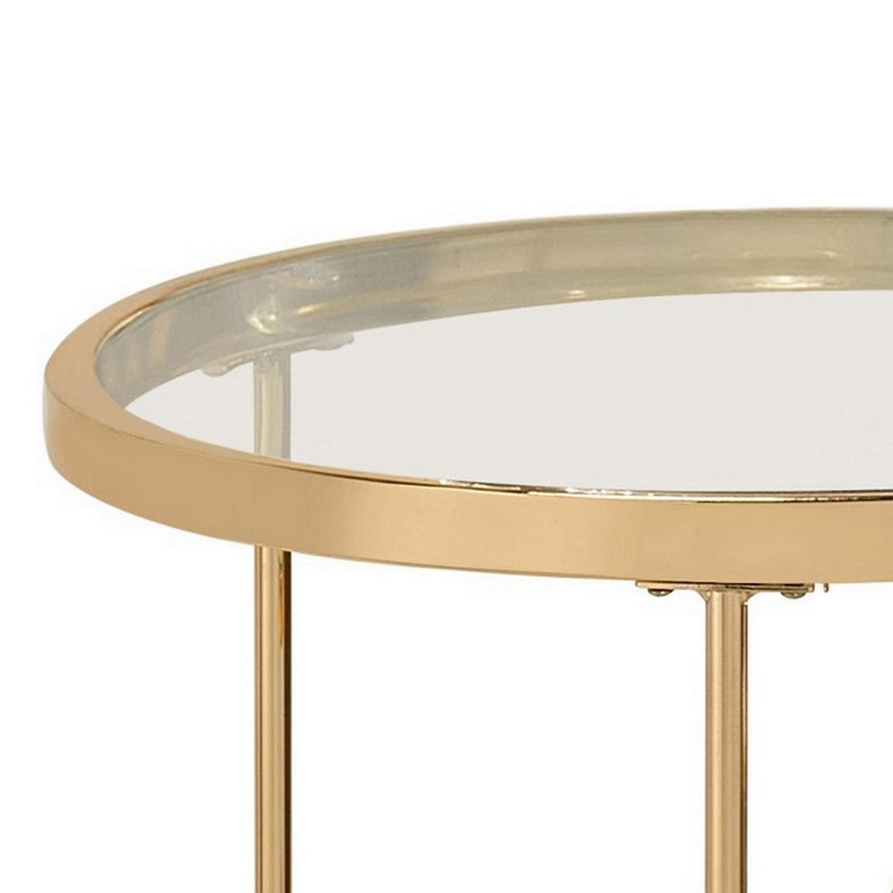 23 Inch Round Nesting Tables Glass Metal Base Set of 2 Gold Clear By Casagear Home BM282033