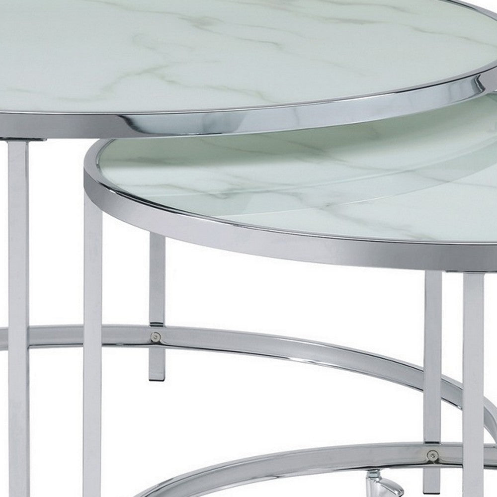 18 Inch Marbled Glass Nesting Accent Tables Round Top Metal Set of 2 By Casagear Home BM282034