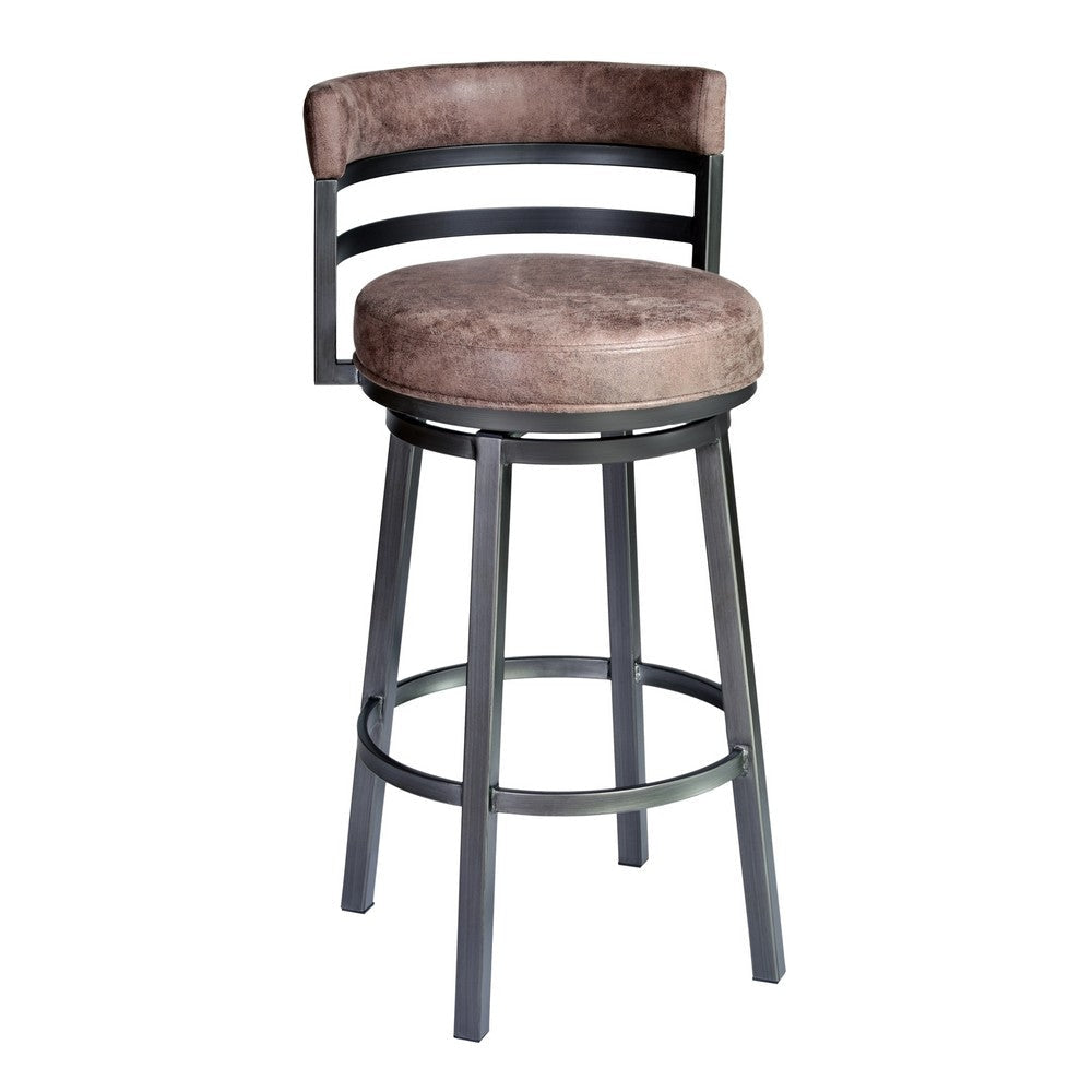 Eva 26 Inch Swivel Counter Stool, Vegan Leather, Curved Back, Washed Brown By Casagear Home