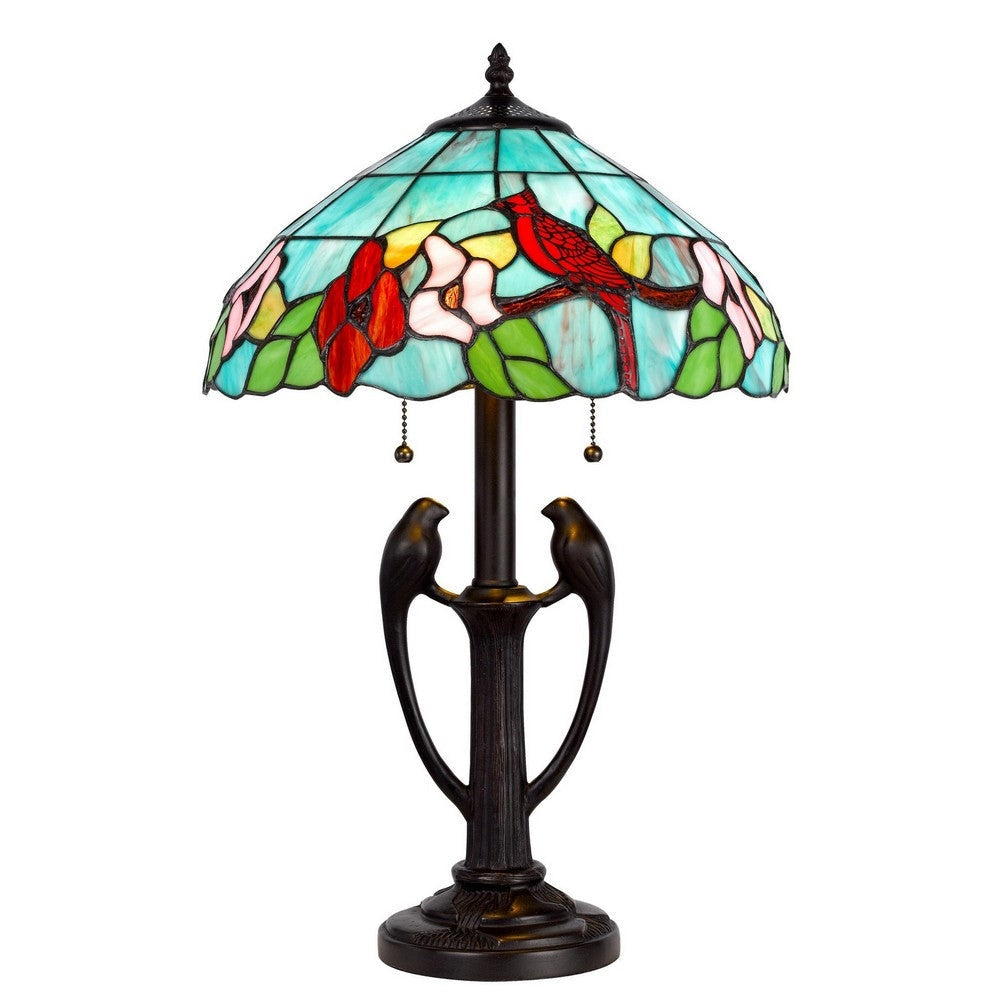 22 Inch Classic Table Lamp, Bird Art Stained Glass Shade, Antique Bronze By Casagear Home