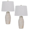 23 Inch Set of 2 Ceramic Accent Table Lamp, Hammered Base, White, Gold By Casagear Home