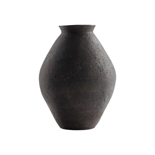 Dale 17 Inch Round Polyresin Vase, Tightly Ribbed Texture, Antique Brown By Casagear Home