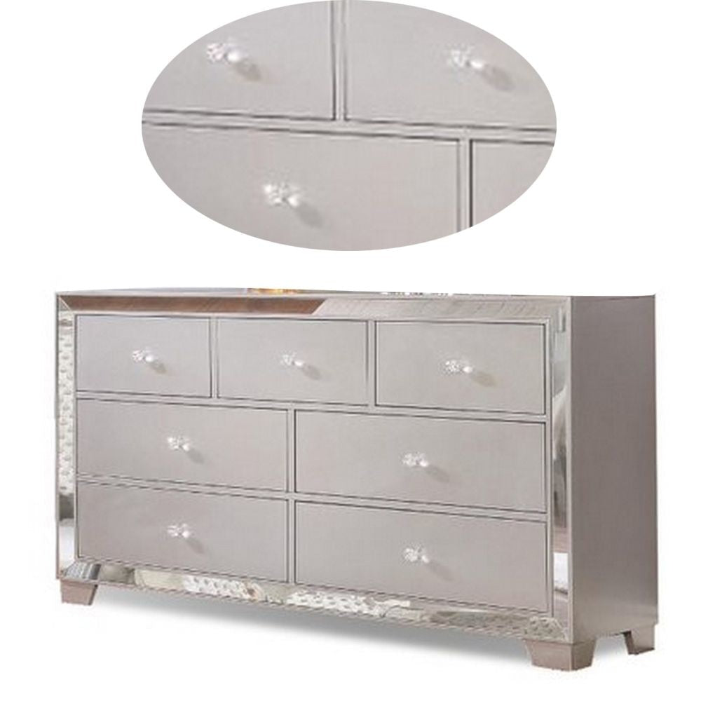 Eli 57 Inch Deluxe 7 Drawer Dresser Mirrored Trim Wood Frame Silver By Casagear Home BM283196