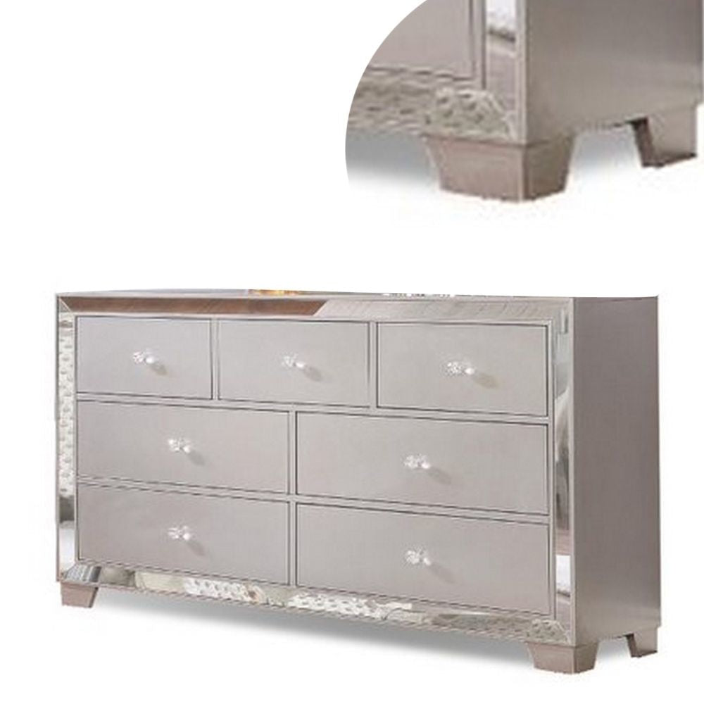 Eli 57 Inch Deluxe 7 Drawer Dresser Mirrored Trim Wood Frame Silver By Casagear Home BM283196