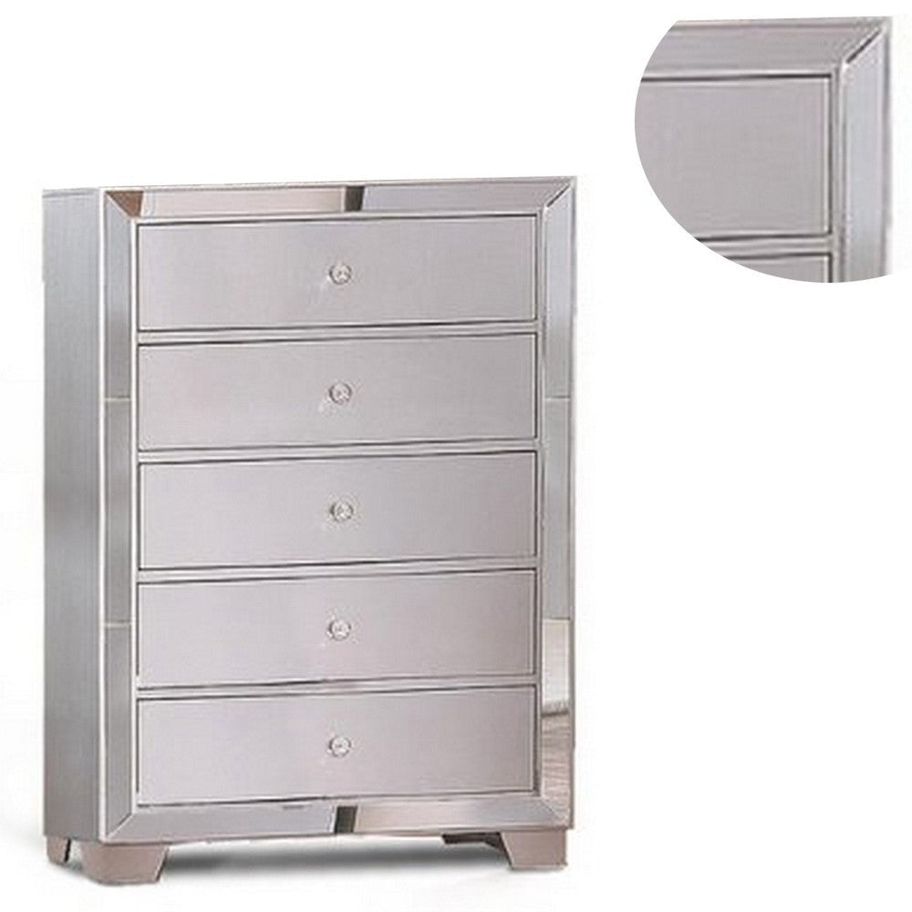 Eli 46 Inch Deluxe Wood 5 Drawer Tall Dresser Chest Mirrored Trim Silver By Casagear Home BM283197