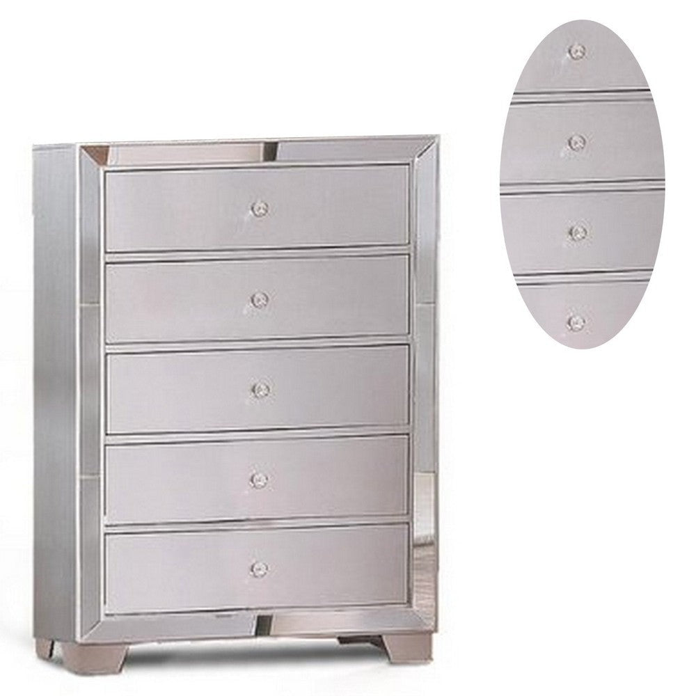 Eli 46 Inch Deluxe Wood 5 Drawer Tall Dresser Chest Mirrored Trim Silver By Casagear Home BM283197