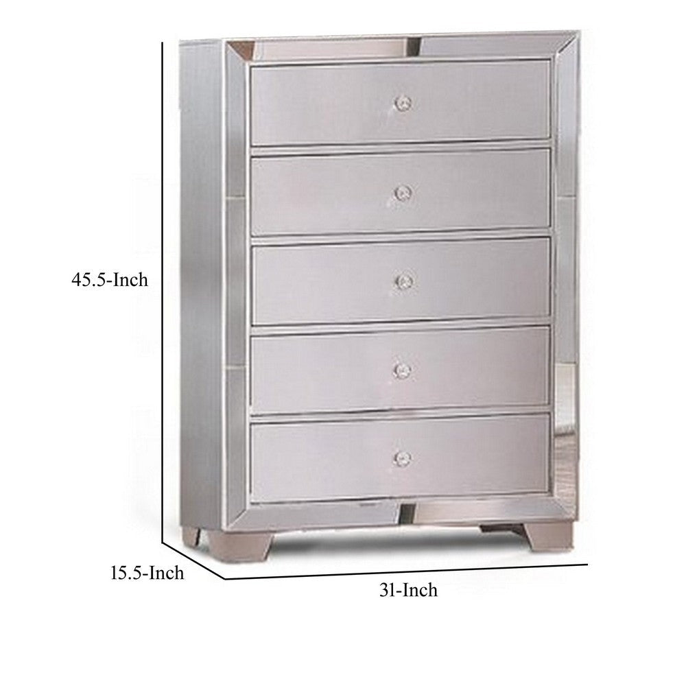 Eli 46 Inch Deluxe Wood 5 Drawer Tall Dresser Chest Mirrored Trim Silver By Casagear Home BM283197