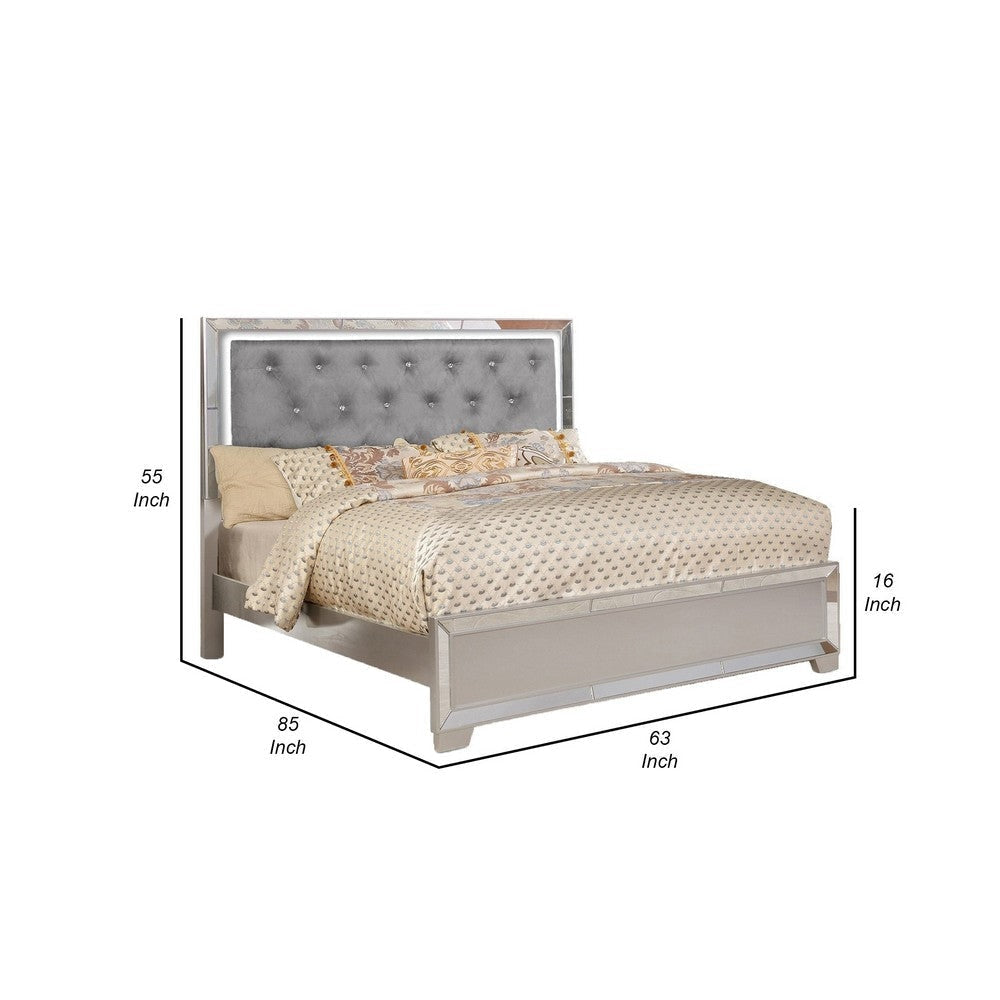 Eli Crystal Tufted Queen Bed LED Mirror Inlays Wood Gray Velvet Silver By Casagear Home BM283198