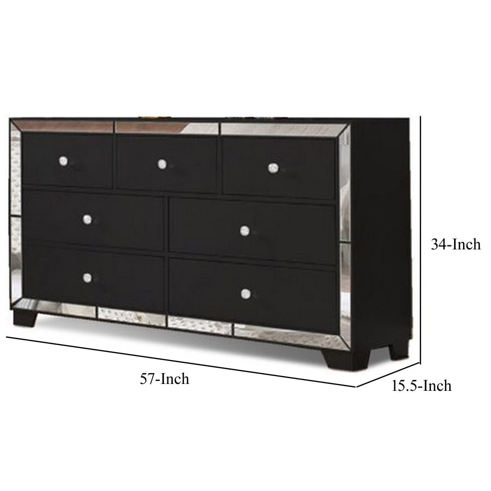 Eli 57 Inch Deluxe 7 Drawer Dresser Mirrored Trim Wood Frame Black By Casagear Home BM283200