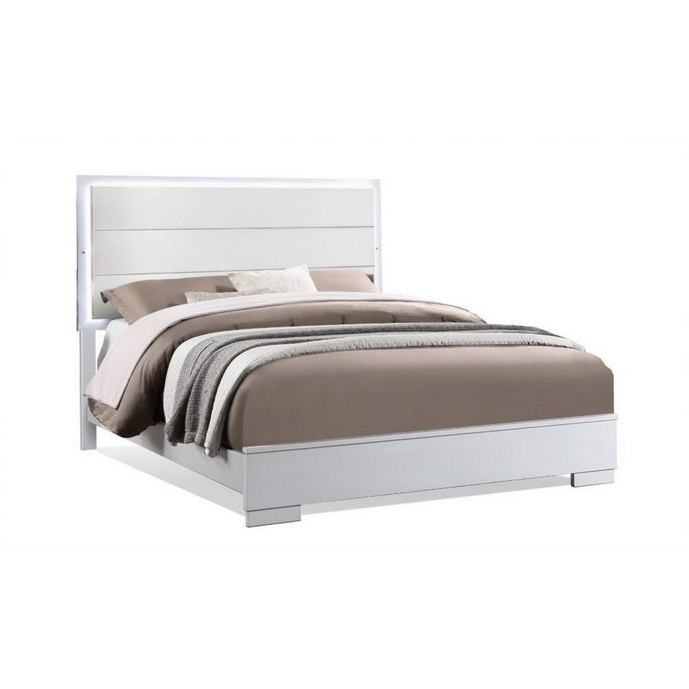 Vin Modern Queen Size Bed, Panel Headboard, LED Light, Crisp White Finish By Casagear Home