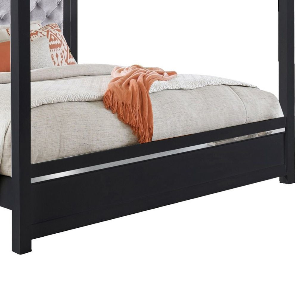 Abrie Solid Wood Canopy Queen Bed Button Tufted Touch LED Dark Gray By Casagear Home BM283248