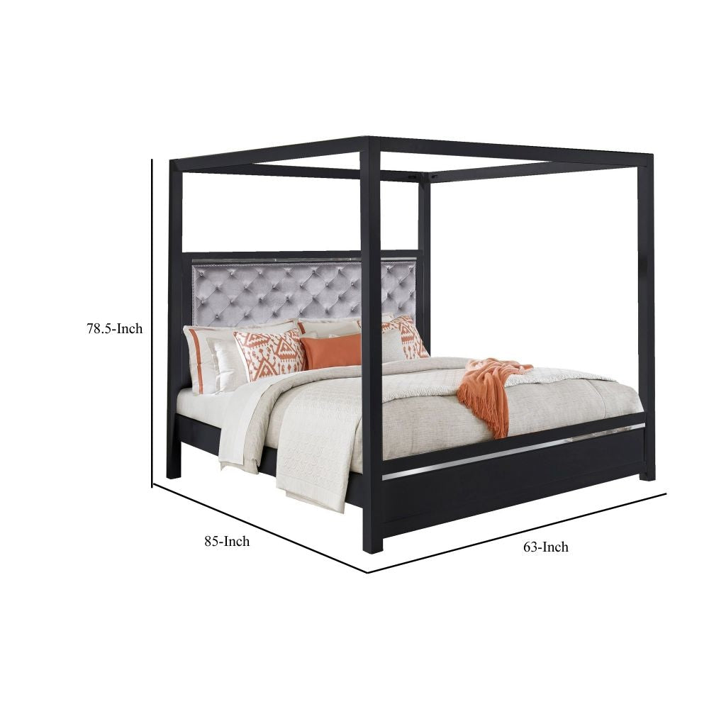 Abrie Solid Wood Canopy Queen Bed Button Tufted Touch LED Dark Gray By Casagear Home BM283248