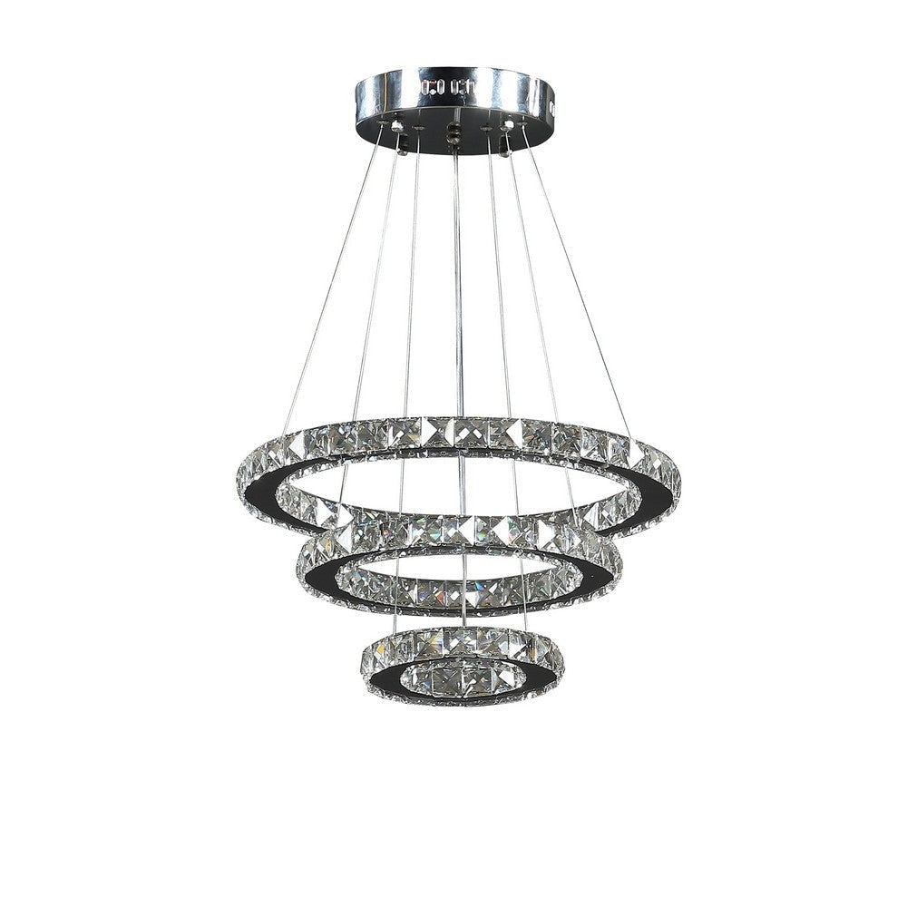 12- 47 Inch Ringed Adjustable Chandelier, 3 Circles Design, Chrome Silver By Casagear Home