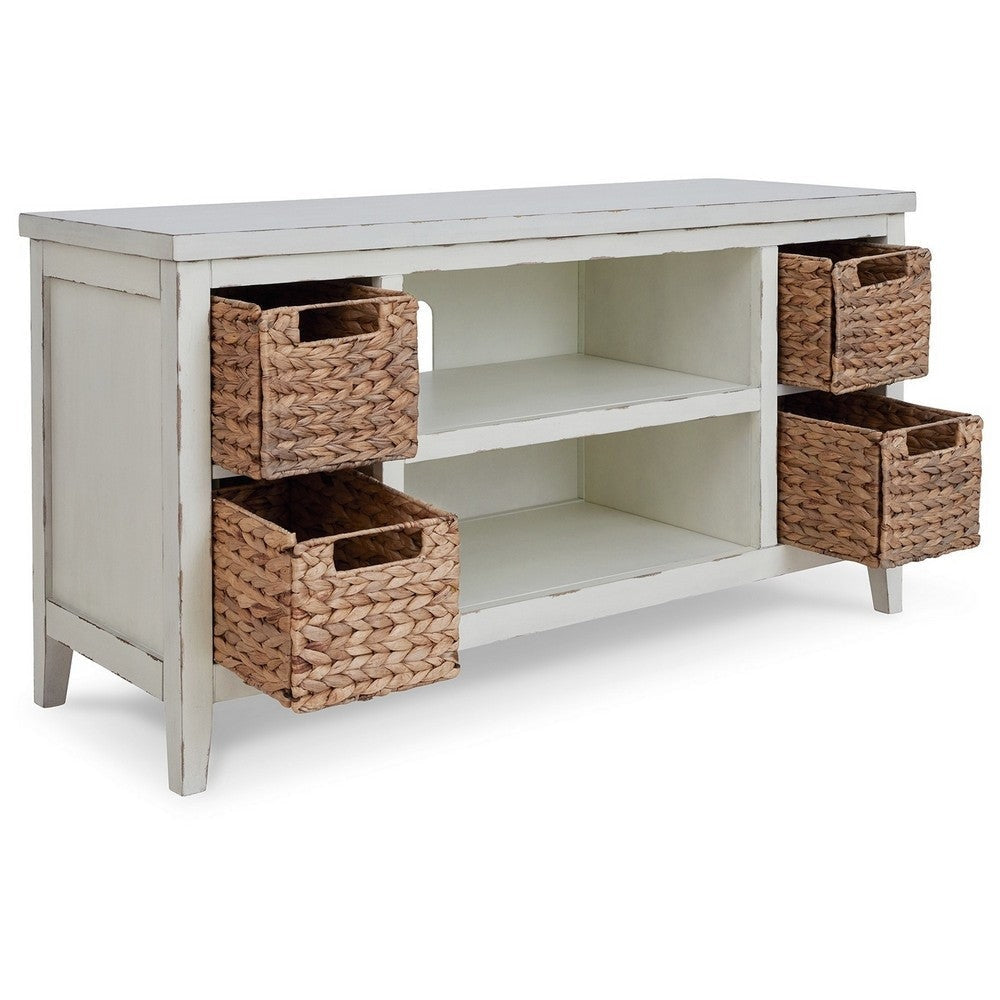 Anya 47 Inch Rustic TV Entertainment Console Open Shelf 4 Baskets White By Casagear Home BM283301