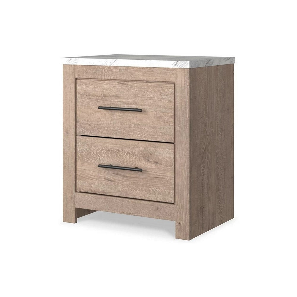 Ariel 25 Inch Rustic Wood Nightstand, 2 Drawers, White Faux Marble Top, Brown By Casagear Home