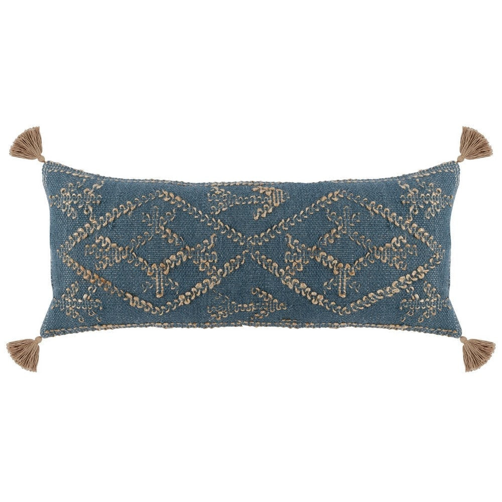 16 x 36 Accent Lumbar Pillow, Down, Blue Wool, Jute Woven Details, Tassels By Casagear Home