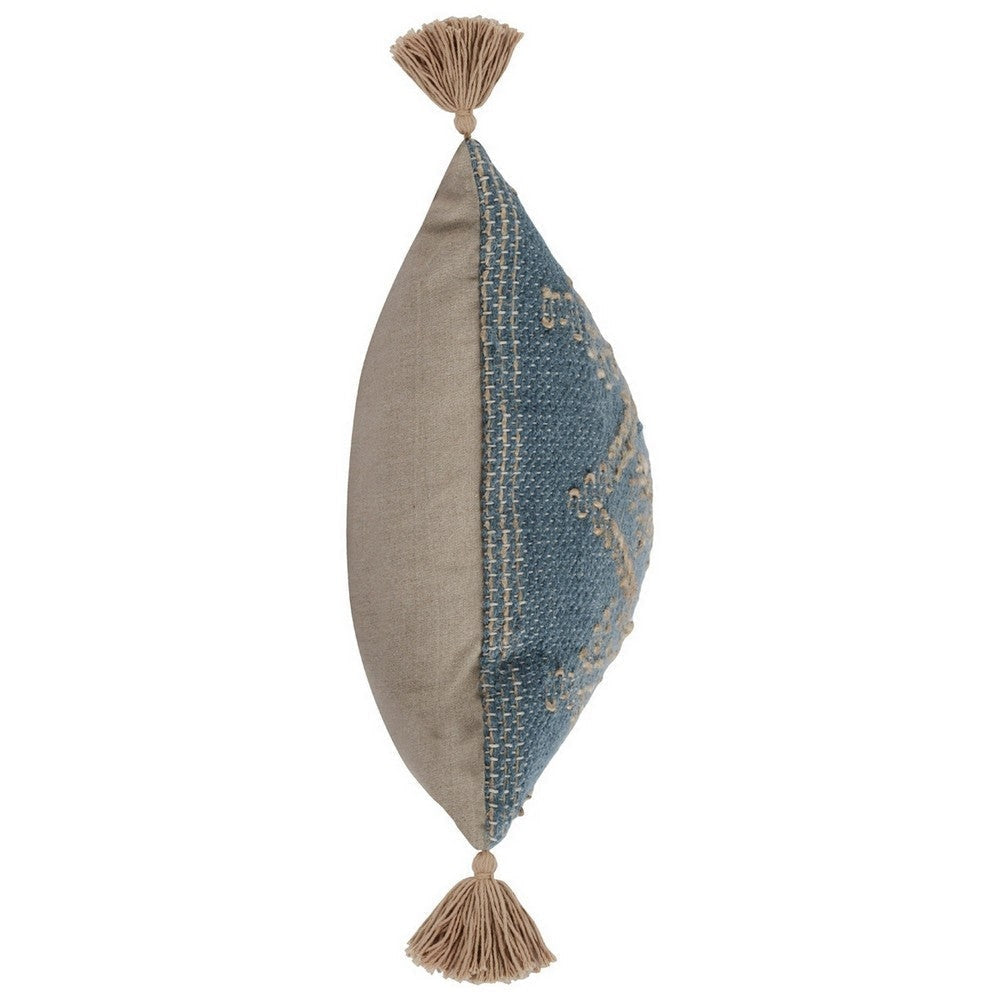 16 x 36 Accent Lumbar Pillow Down Blue Wool Jute Woven Details Tassels By Casagear Home BM283440