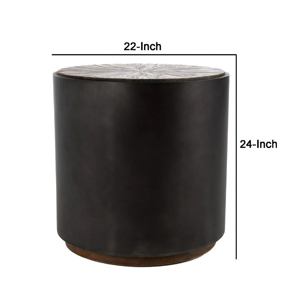 Jenny 24 Inch Round Drum Wood End Table Metal Panels Black Brown By Casagear Home BM283458