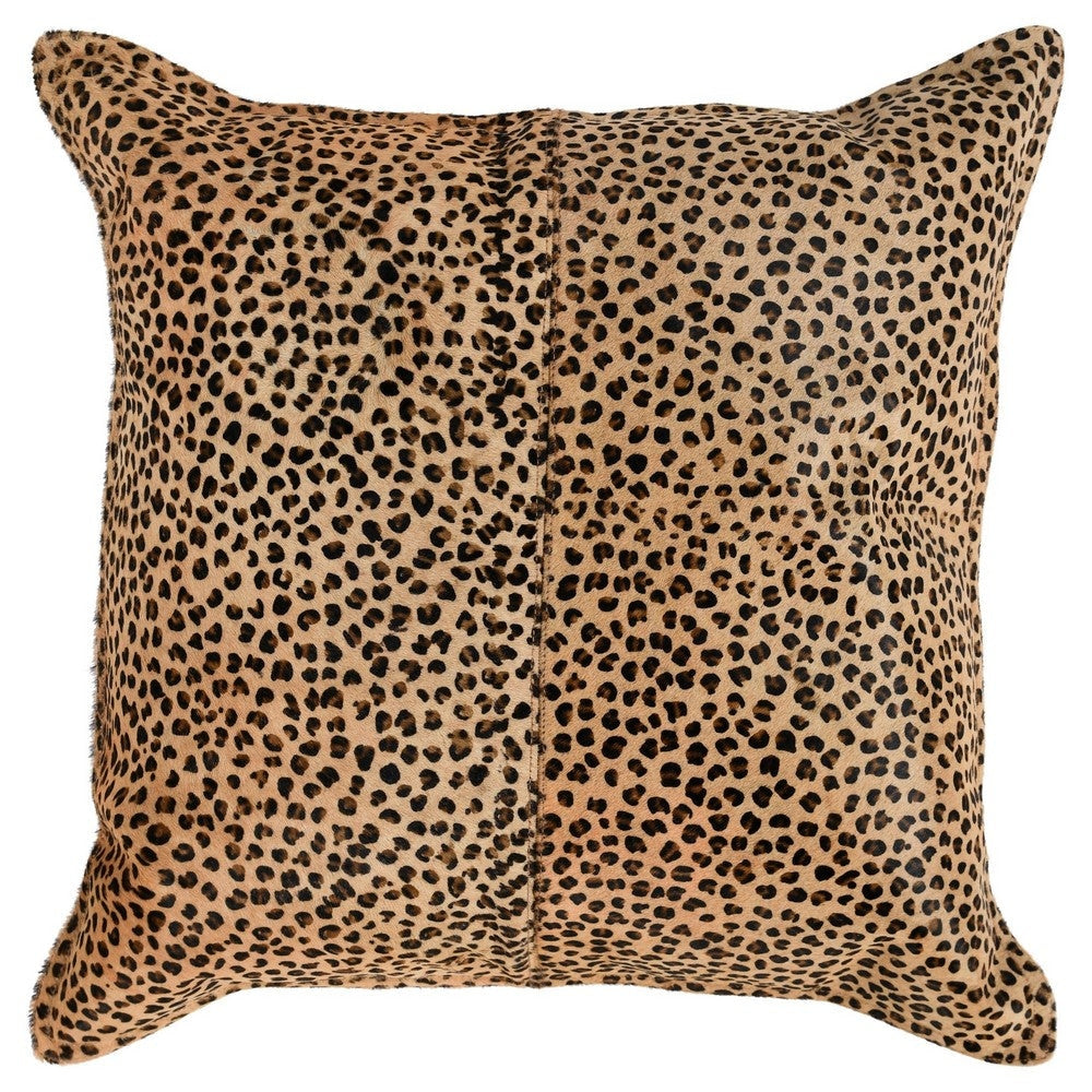 20 x 20 Leather Accent Throw Pillow, Leopard Print Beige Black, Down Insert By Casagear Home