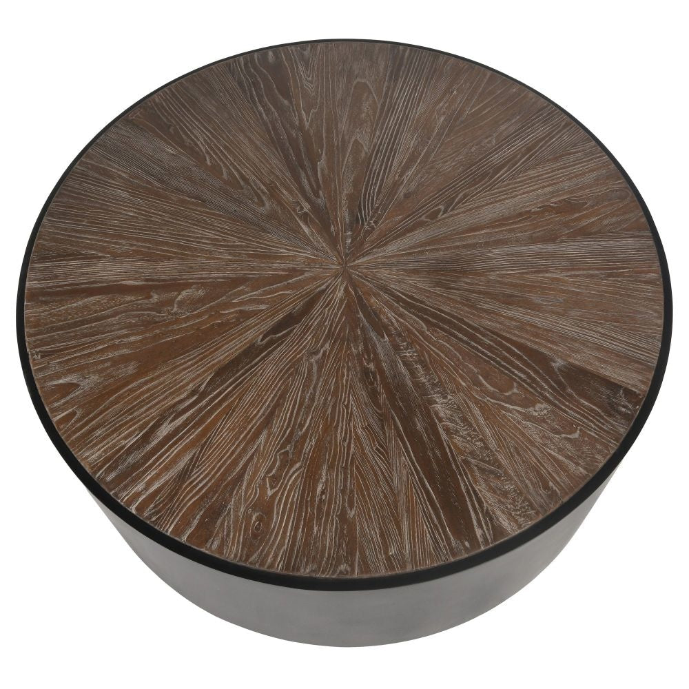 Jenny 39 Inch Wood Round Drum Coffee Table Metal Panels Black By Casagear Home BM283509