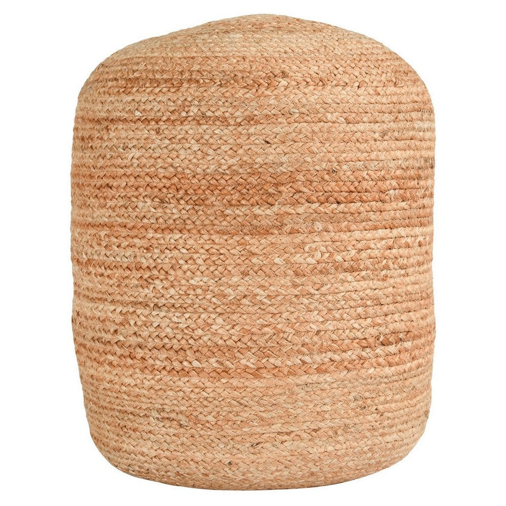 18 Inch Round Accent Pouf, Soft Braided Jute Design, Natural Cream Orange By Casagear Home