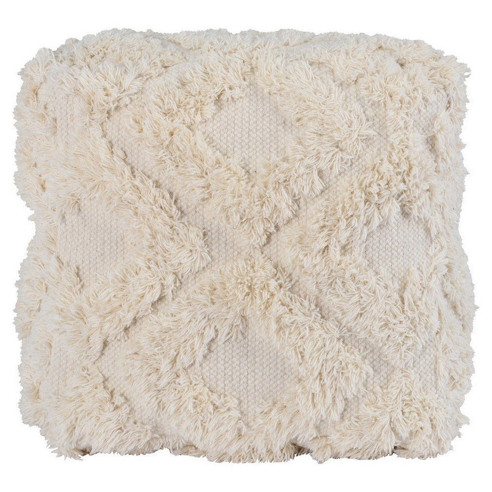 24 Inch Cotton Accent Pouf Handwoven Textured Geometric Shag Off White By Casagear Home BM283648