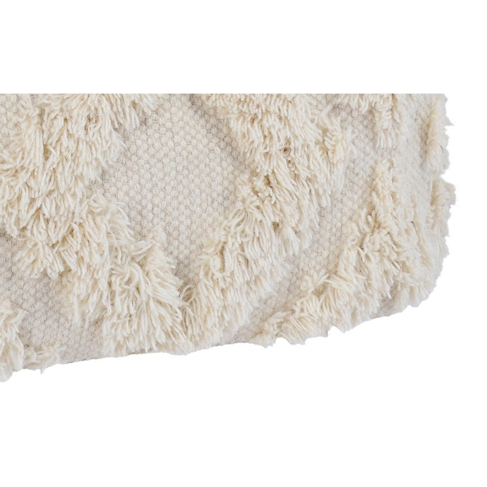 24 Inch Cotton Accent Pouf Handwoven Textured Geometric Shag Off White By Casagear Home BM283648