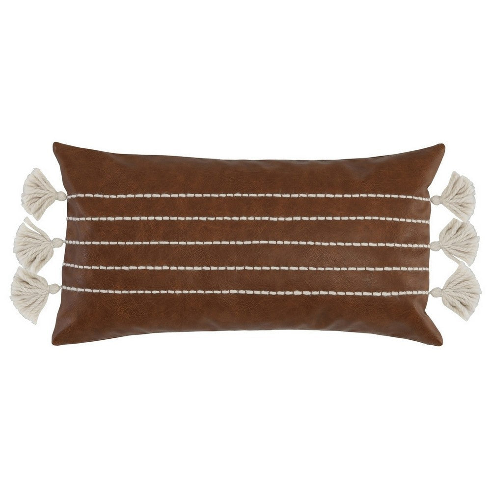 Karen 14 x 26 Lumbar Throw Pillow, Tassels, Dark Brown with White Stripes By Casagear Home