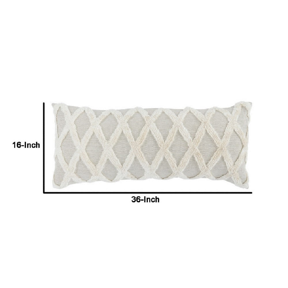 16 x 36 Lumbar Linen Accent Throw Pillow Tufted Diamonds Ivory White By Casagear Home BM283668