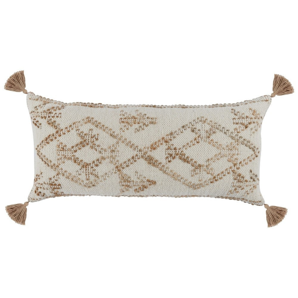 16 x 36 Lumbar Throw Pillow, Diamond Jute Cotton Cover, Tassels, Brown By Casagear Home