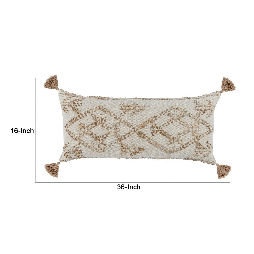 16 x 36 Lumbar Throw Pillow Diamond Jute Cotton Cover Tassels Brown By Casagear Home BM283697