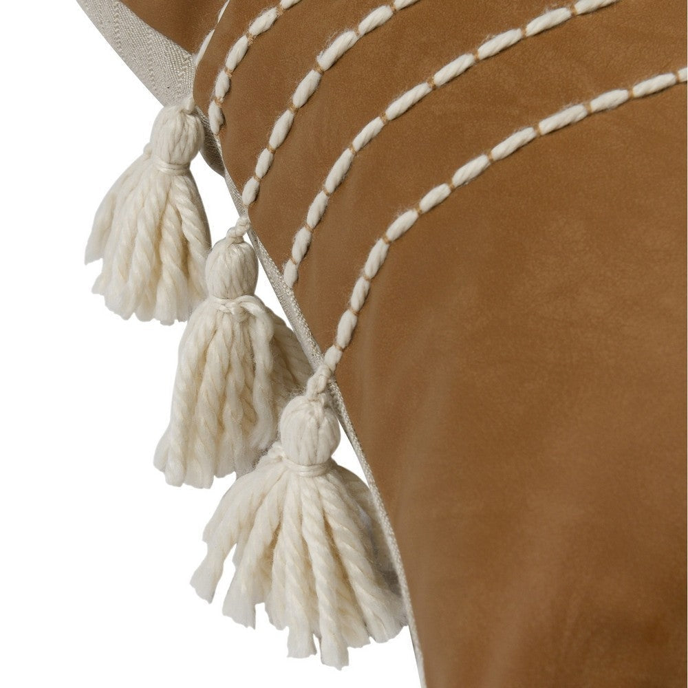 Karen 14 x 26 Lumbar Throw Pillow Tassels Light Brown with White Stripes By Casagear Home BM283711