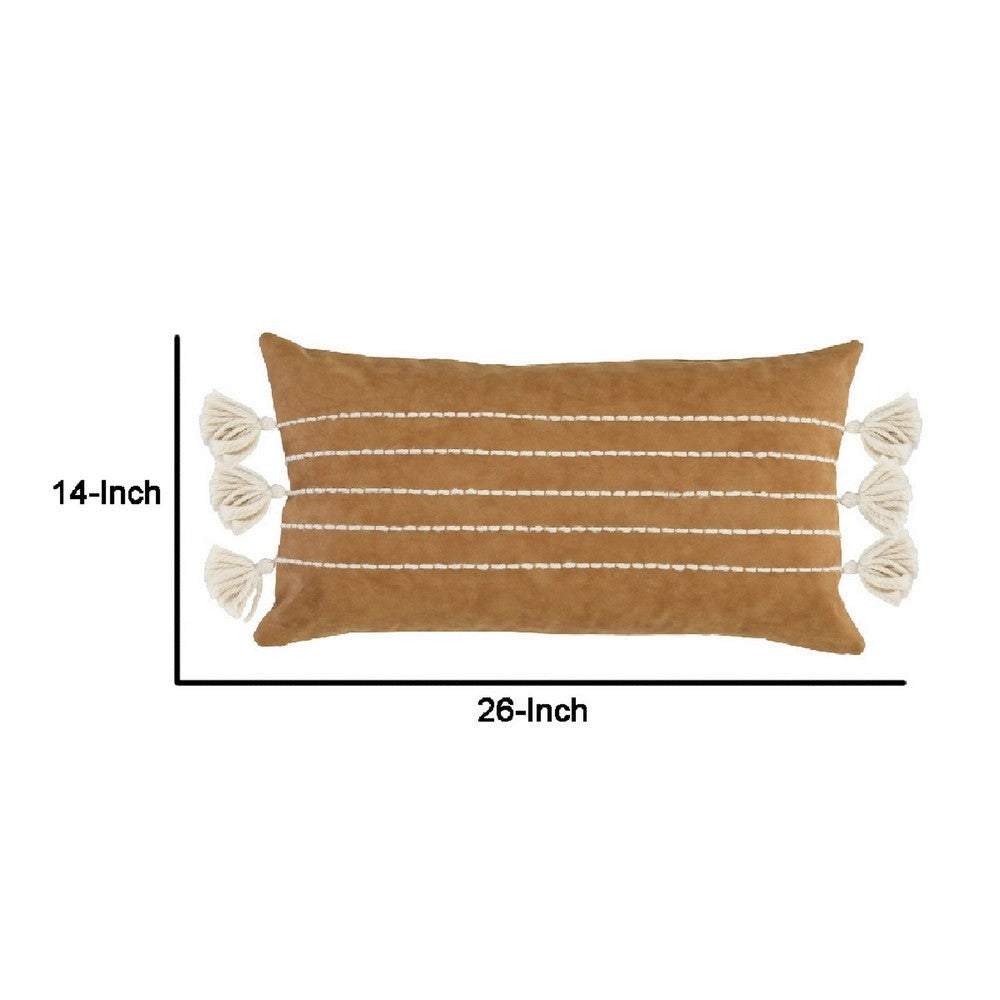 Karen 14 x 26 Lumbar Throw Pillow Tassels Light Brown with White Stripes By Casagear Home BM283711