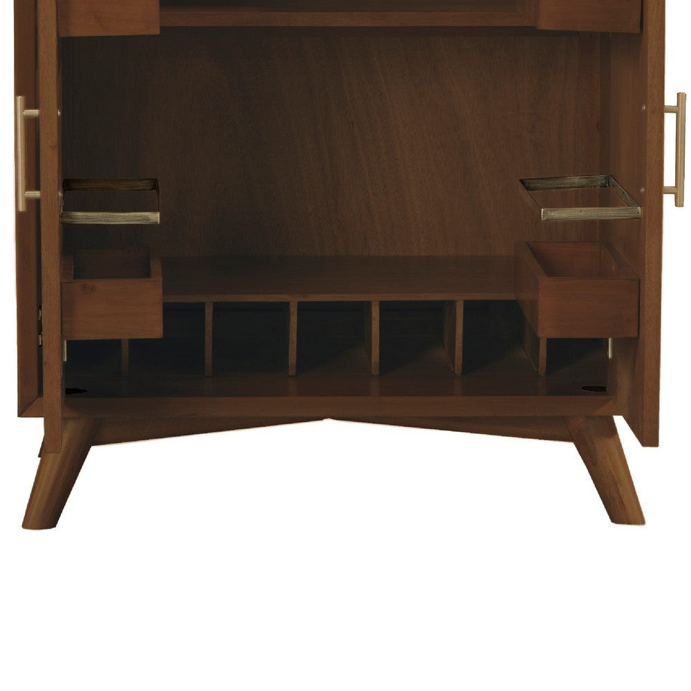 Ian 36 Inch 2 Door Bar Cabinet Mahogany Wood Wine Rack Walnut Brown By Casagear Home BM283833