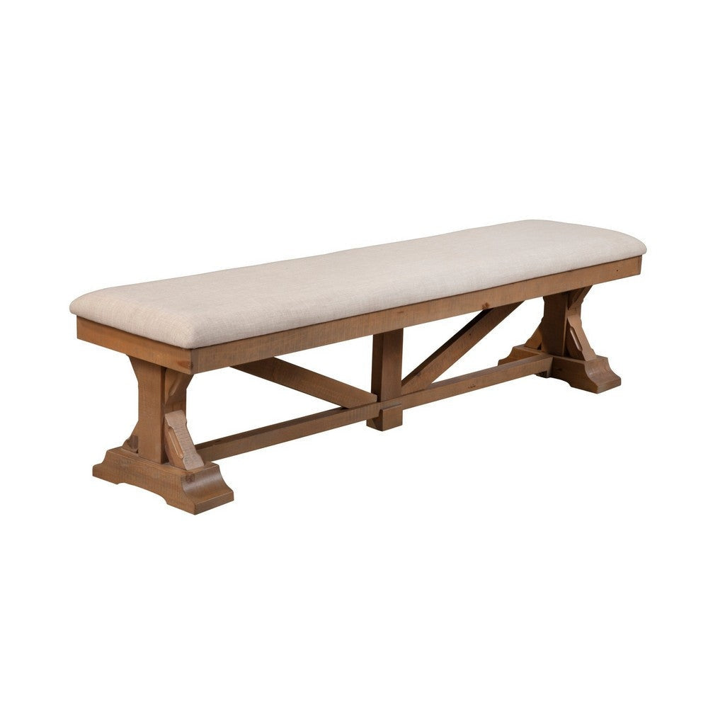 Tess 69 Inch Dining Accent Bench, Beige Fabric Cushion, Pine Wood, Brown By Casagear Home