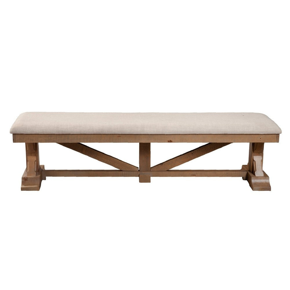 Tess 69 Inch Dining Accent Bench Beige Fabric Cushion Pine Wood Brown By Casagear Home BM283851