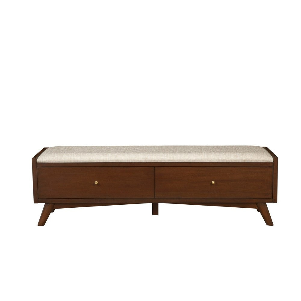 Ian 59 Inch 2 Drawer Accent Bench Beige Seat Mahogany Wood Walnut Brown By Casagear Home BM283855