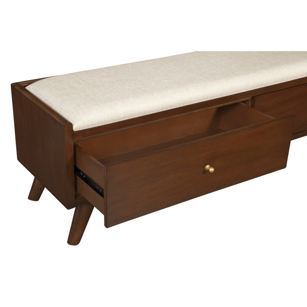 Ian 59 Inch 2 Drawer Accent Bench Beige Seat Mahogany Wood Walnut Brown By Casagear Home BM283855