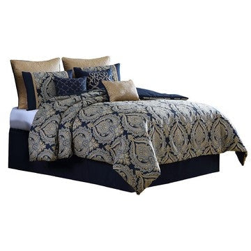 Nova 10 Piece Polyester King Comforter Set Gold Damask Print Navy Blue By Casagear Home BM283872