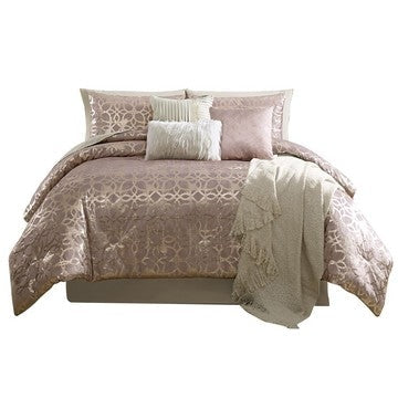 Eve 10 Piece Full Size Poly Velvet Comforter Set, Foil Pattern, Blush Pink By Casagear Home