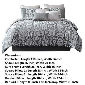 Emma 10 Piece Polyester King Comforter Set Gray Silver Velvet Damask Print By Casagear Home BM283919