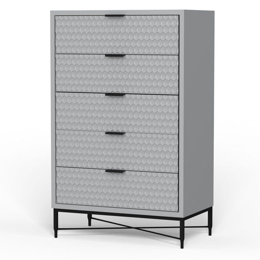 Rexi 48 Inch 5 Drawer Tall Dresser Chest, Honeycomb, Light Gray, Black By Casagear Home