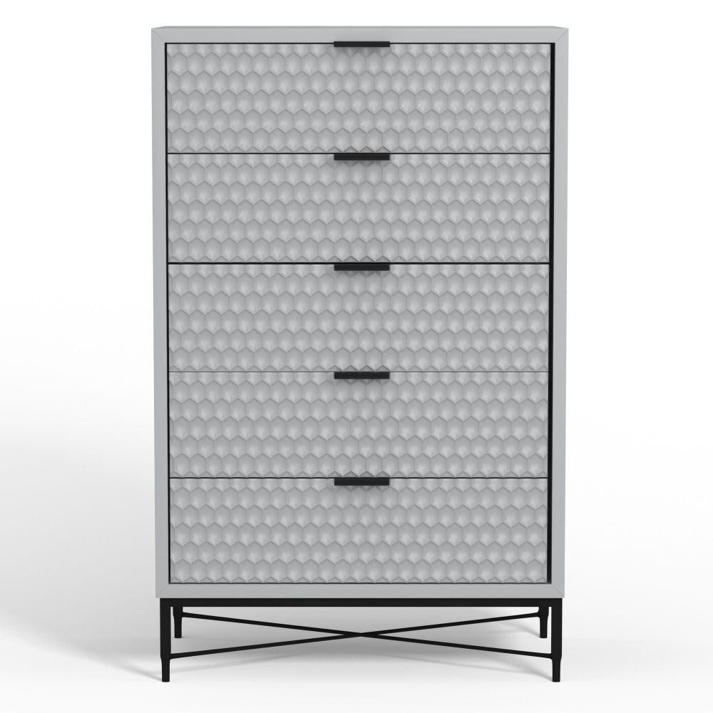 Rexi 48 Inch 5 Drawer Tall Dresser Chest Honeycomb Light Gray Black By Casagear Home BM284260