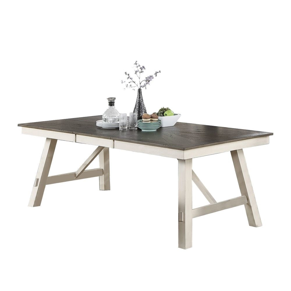 Lexi 78 Inch Classic Dining Table, Rubberwood, Extendable Leaf, Gray, White By Casagear Home