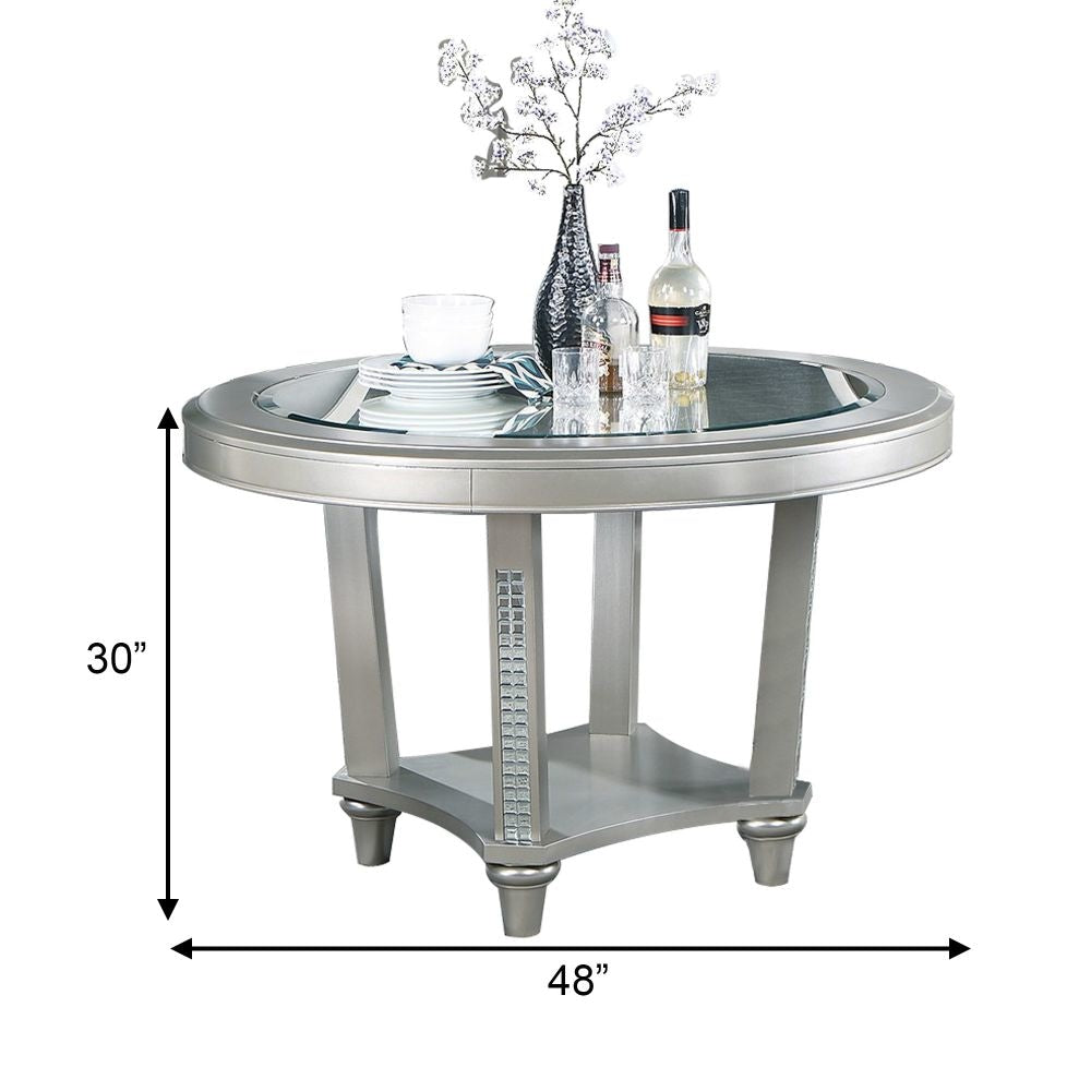 Neil 48 Inch Modern Round Glass Top Dining Table Crystal Accents Silver By Casagear Home BM284318