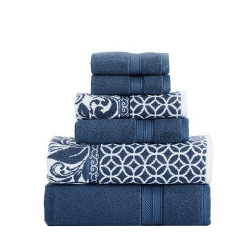 Bev Modern 6 Piece Cotton Towel Set Jacquard Filigree Pattern Deep Blue By Casagear Home BM284468