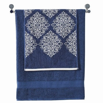 Eula Modern 6 Piece Cotton Towel Set Stylish Damask Pattern Deep Blue By Casagear Home BM284473